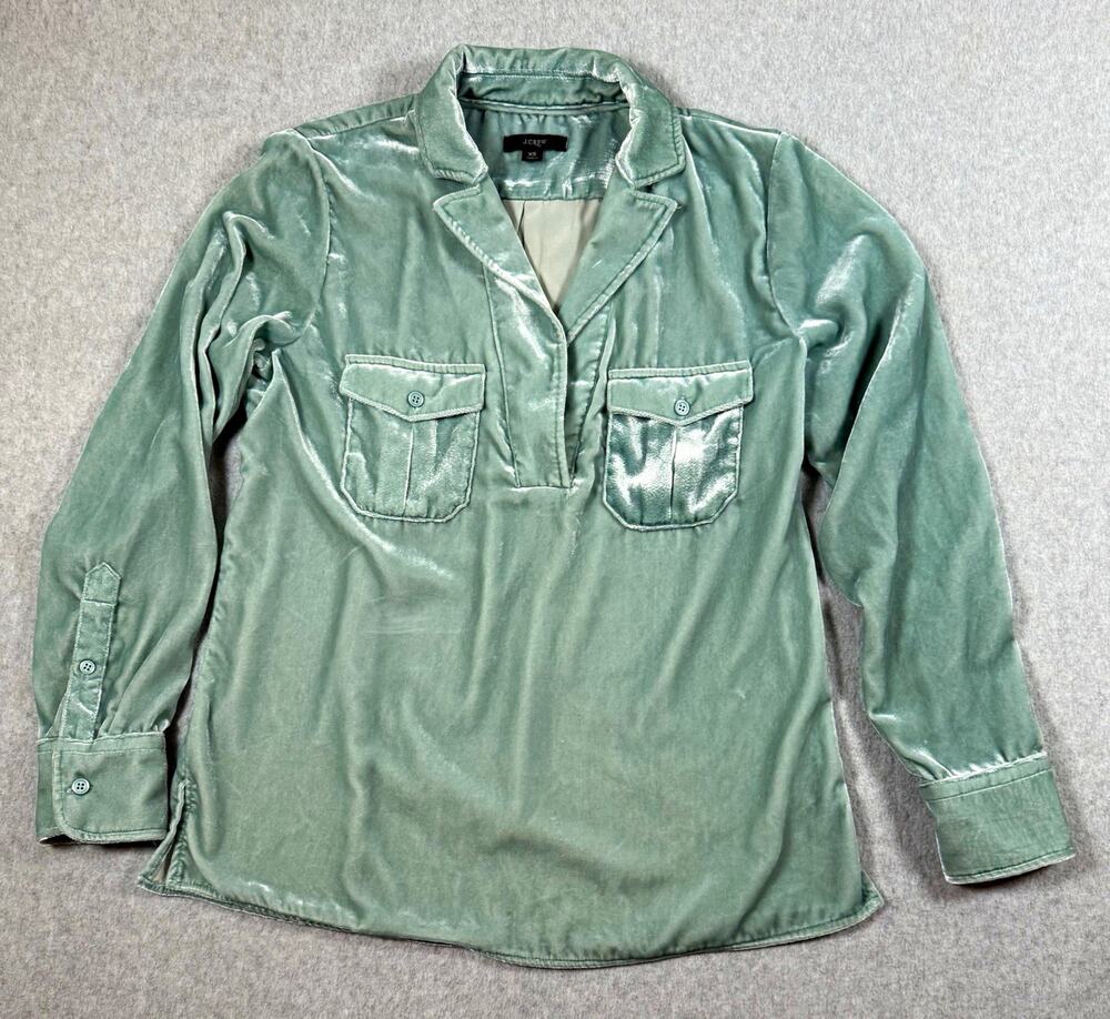 J.CREW Green Solid Velvet Collared Long Sleeve Pullover Blouse Button XS